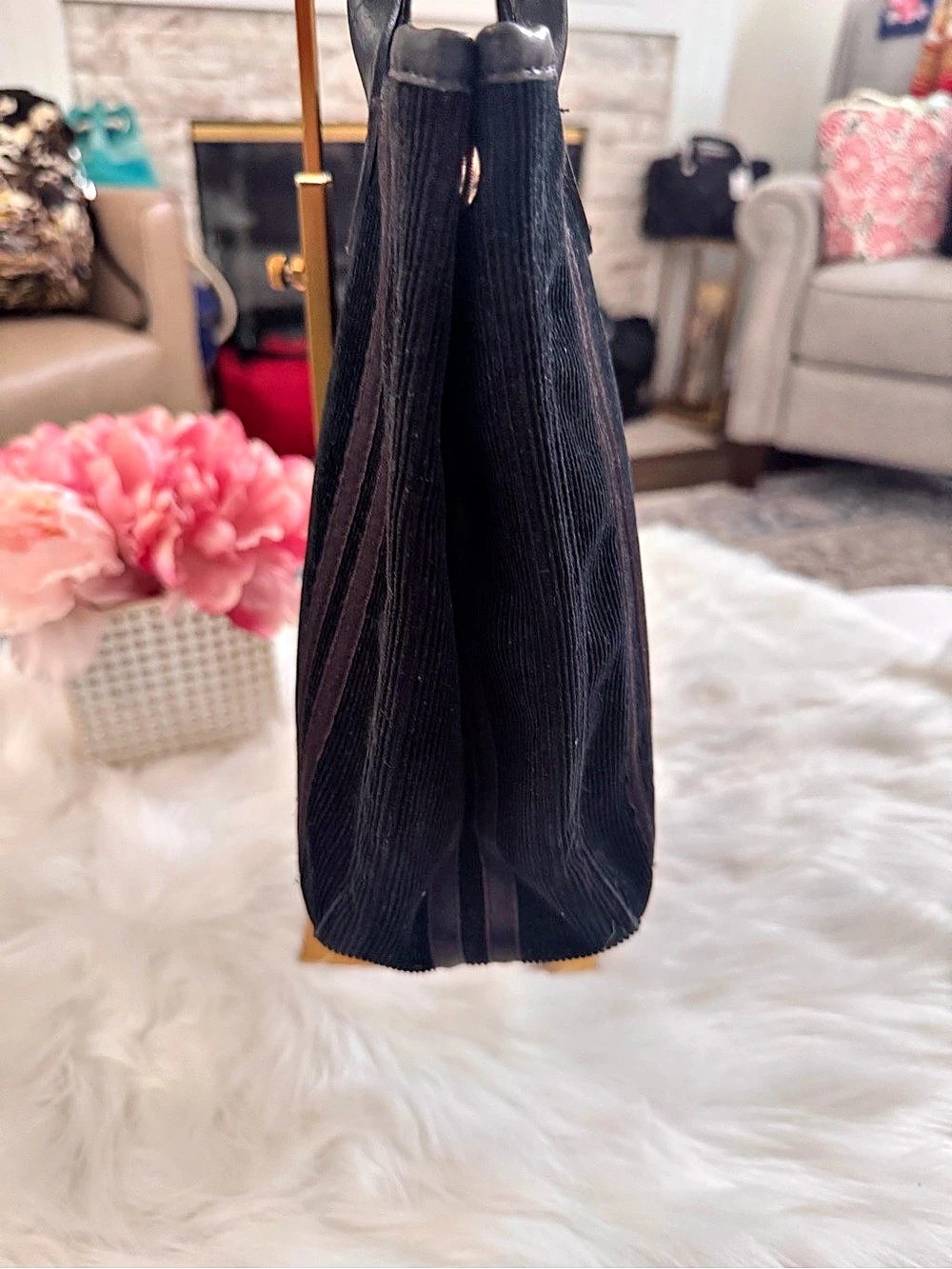 Long champ Black Velvet/Corduroy Striped Tote/Handbag - Picture 6 of 10
